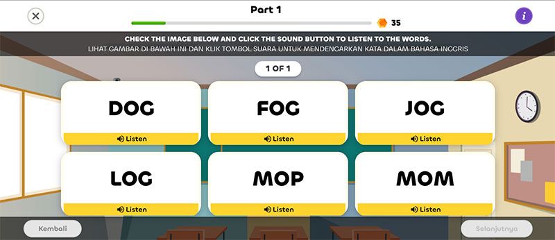 Screenshot tampilan UI dan metode pembelajaran fonik bahasa Inggris di LearningRoom